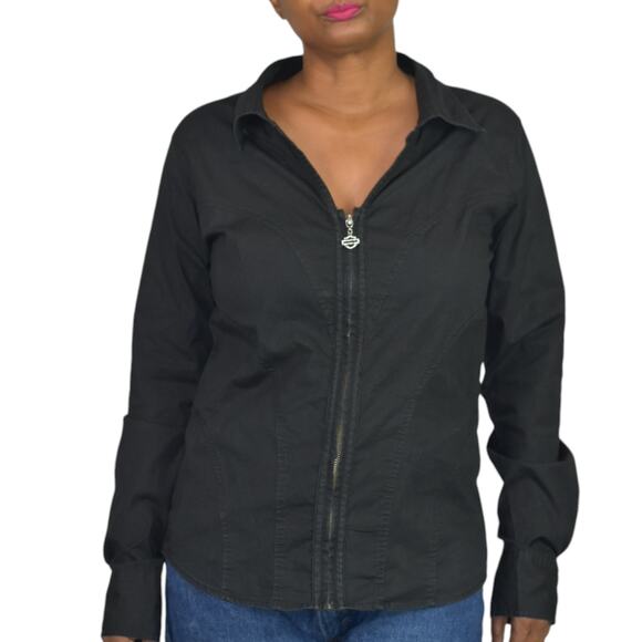 Harley Davidson Zip Shirt Black Motorcycle Crystals Rhinestone Bedazzled Large - Picture 2 of 16